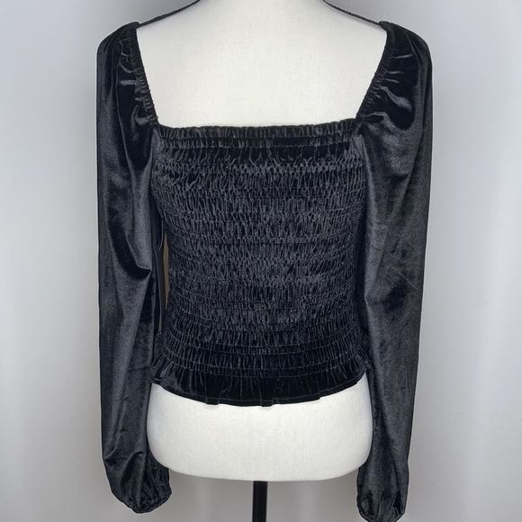 Bagatelle Top Black Velvet Smocked Long Sleeves Off the Shoulder Top - Picture 3 of 13